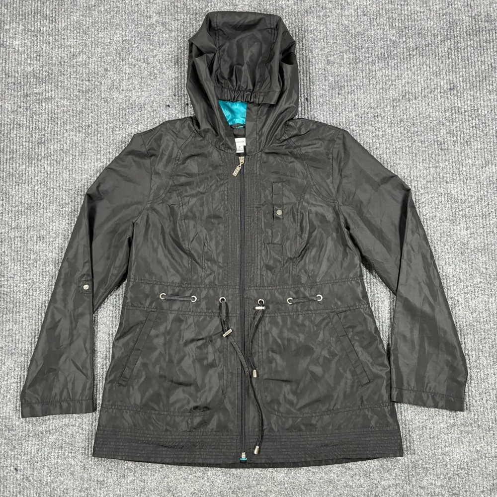 Susan Graver Womens M Hooded Utility Jacket Black Full Zip Drawstring Coat